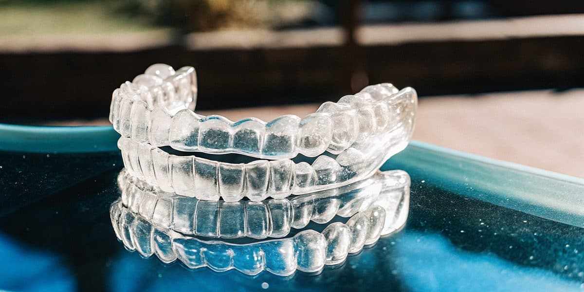 A pair of clear custom oral sleep appliances resting on a glass surface in daylight